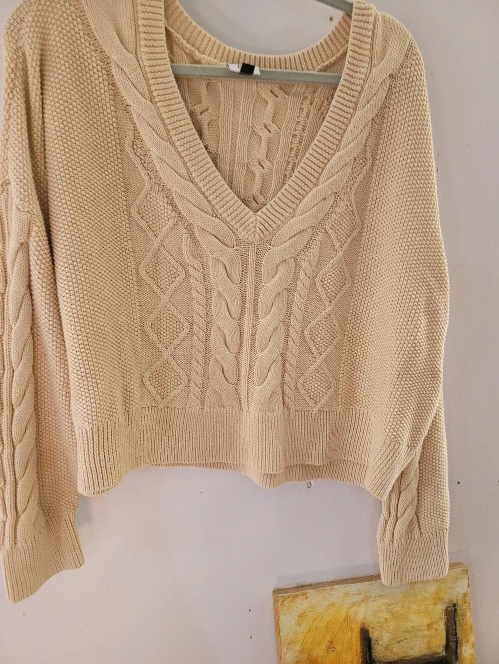 Cabi XL Fisherman Cream Cable Knit V-Neck Sweater